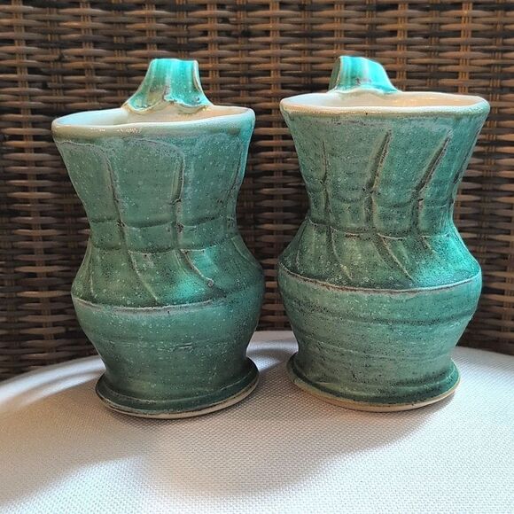 Handmade Turquoise Ceramic Textured Coffee Mug Set Artist Signed Pottery Cups - Picture 4 of 9